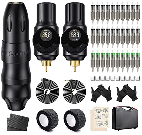 Biomaser Máquina de tatuaje máquina de tatuaje rotatorio máquina de tatuaje con 2 unids 2000mAh fuente de alimentación de tatuaje inalámbrico 30 piezas cartuchos agujas