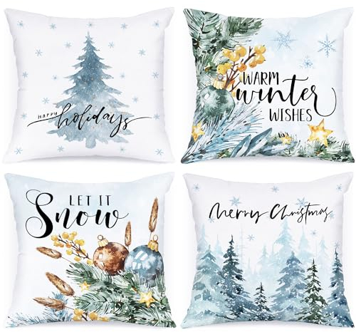 Lanpn 4 Stück Winter Kissenbezug Weihnachten Kissenhülle 50x50 cm, Winterliche Schnee Dekorative Weihnachtskissen 50 x 50 für Weihnachtsdeko Christmas Bettwäsche Sofa Decorations