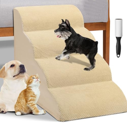 BAKAJI Scala per Animali Domestici con 4 Gradini e Rullo Rimuovipeli, Rivestimento Sfoderabile in Tessuto a Coste, Rampa per Gatti e Cani Anziani, Scaletta Imbottitura Schiuma Alta Densità (Beige)