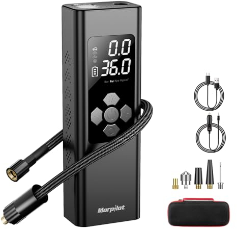 Morpilot Compresseur à Air Portatif Batterie 9000mAh et DC 12V Allume-cigare, Gonfleur Pneus Voiture Electrique Sans Fil avec Ecran LCD, 150PSI Pompe pour Voiture Moto Vélo Ballon Camping-car