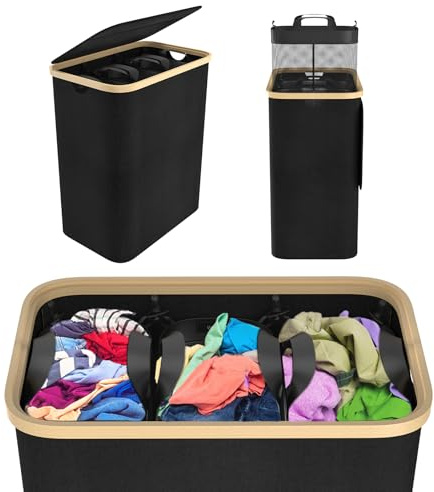 NAIZY Cesto portabiancheria con coperchio 140L, contenitore per biancheria con 3 scomparti, lavabile, con maniglia estraibile, cesto portabiancheria rimovibile, separatore per biancheria, Nero