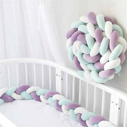 RZYW Bettschlange Baby Geflochten, Bettschlange Geflochten, Bettschlange, SeitenschläFerkissen Baby, Superweich Knotenkissen, Bettschlange Baby, Baby Bettumrandung Geflochten,White Green Purple,1.5m