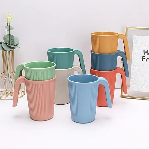 Juego de 8 vasos de 350 ml con mango, vasos reutilizables irrompibles para niños y adultos, vasos de plástico coloridos para café, té, sin BPA