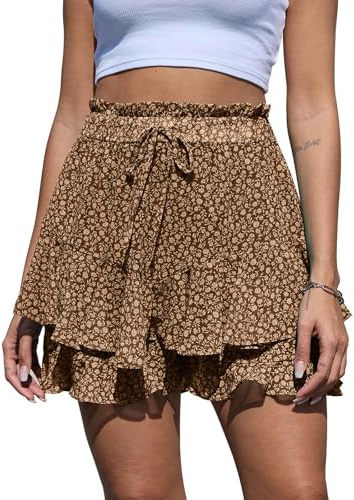 Yutdeng Pantalones Cortos Mujer Fluidos Gasa Falda Pantalon Mujer Estampado Floral Shorts Mujer Verano Elástica Cintura Alta Pantalon Corto Mujer Ligero Elegantes Casual Bermudas Playa Boho Volante