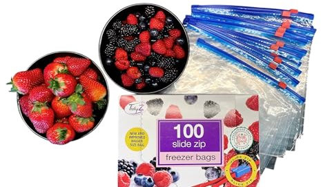 100 TidyZ Large Slide Zip Freezer Bags. Resealable. Zip Lock Food Bags. BPA Free. For Freezing Fruit, Vegetables, Meat. Keeps food Fresh. In a Dispenser Box