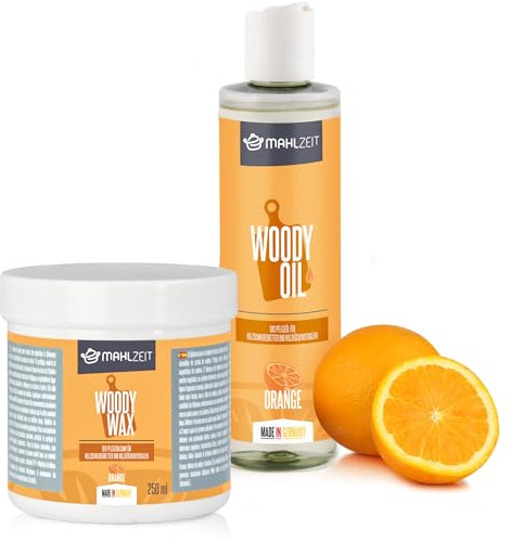 Mahlzeit WOODY WAX Kit d'entretien du bois en cire d'abeille + huile pour planches à découper et ustensiles de cuisine en bois, 2 x 250 ml, parfum orange | 100 % naturel | Planches à découper en bois