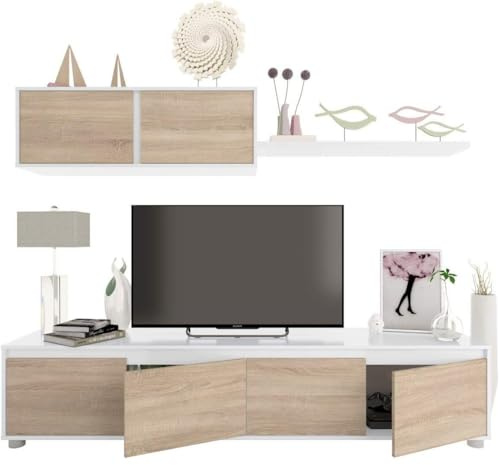Parete Attrezzata Da Soggiorno Moderna In Bianco Lucido E Rovere Con Mobile Porta Tv Pensile E Mensola Design Elegante Materiali Resistenti Facile Da Montare Perfetta Per Ogni Zona Giorno