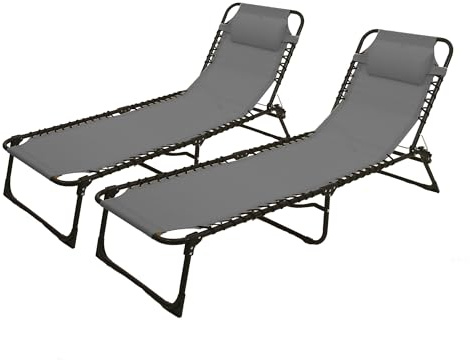 Solterra Garden Sun Lounger with Headrest – Two Pack - Adjustable Reclining Outdoor Garden Chair – Durable & Lightweight Recliner for Patio, Beach, Camping – 189x80x56cm (Grey)