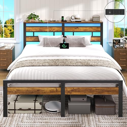 Brinlawb Cadre de Lit 160x200 avec Sommier Métal Lit 2 Personnes avec Lumières LED et Multiprise, lit Double 160x200 cm avec Étagère de Rangement, Cadre en métal, Facile à Assembler, Marron Vintage