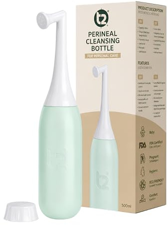 T2 Peri-flaska 500 ml - Bärbar postpartum-bidé för kvinnor, perinealvård och smärtlindring efter förlossningen - Vinklat munstycke, BPA-fri EVA, reselock och väska - Sjukhusväska, nödvändighet för