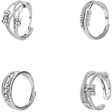 4pcs Bagues Anti-Stress pour Femmes, Anneau Rotatif Réglable Bijoux Sensoriels Apaisants Cadeaux et Décoration pour Maison Bureau Voyages (Argent)