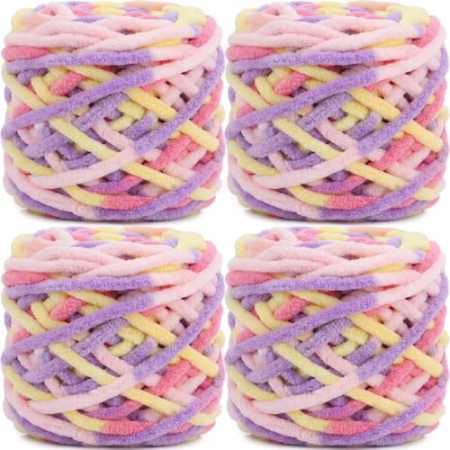 Lighterday 4 gomitoli di lana di ciniglia super grossa, 100 g, multicolore, per lavori a maglia, coperte, calze e sciarpe, multicolore