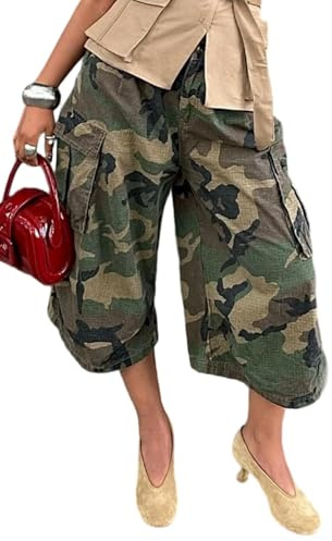 VJMVJM Women's Camo Cargo Jeans Baggy Wide Leg High Waist Capris Camouflage Trousers Army Fatigue Boyfriend Denim Pants