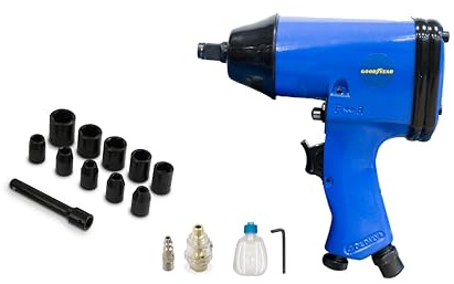 Goodyear - Cle à chocs pneumatique, accessoire pour compresseur, 1/2 avec 10 douilles, 7000 tr/min, 90 PSI, outil pneumatique avec buse, rallonge et mini-pistolet à graisse