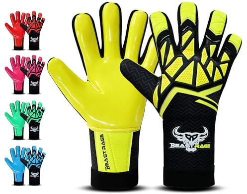 BEAST RAGE Guanti da portiere per bambini, adolescenti e adulti, guanti da portiere di calcio per ragazzi e bambini (giallo, misura 10 per adulti (L))