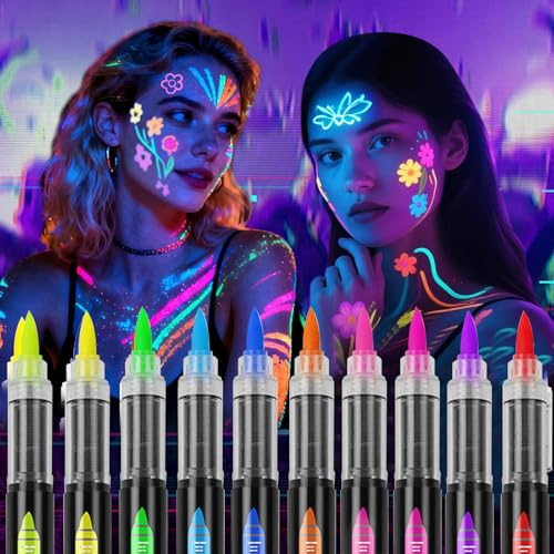 10 Colores de Luz Negra, Pintura Facial y Corporal Luminosa, Maquillaje Neón, Bolígrafos Fluorescentes UV, Set de Pintura Corporal Impermeable y Agradable para la Piel para Festivales y Fiestas