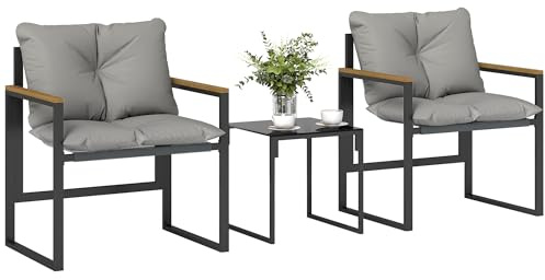 Outsunny Set da Bistrò da 3 Pezzi, Set da Giardino con 2 Sedie Texteline, Tavolo Vetro Temperato, Cuscini Spessi, Braccioli Decorativi, Set di Mobili da Giardino in Metallo, per Patio Balcone, Grigio