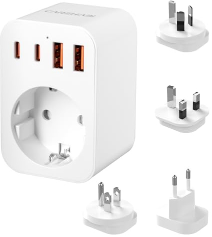 Världsomspännande reseadapter, universell resekontakt med 2 USB-C (PD 20 W), 1 x USB-A och 1 x AC-adapter, universell adapter för EU, Storbritannien, USA, AU och adatt