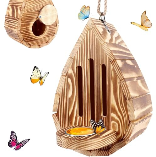 Butterfly House, Butterfly House for Garden, Hanging Butterfly Habitat & Feeder with Rope, Natural Butterfly Habitat with Butterfly Puddler for Outside Butterflies