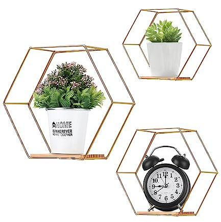 Liesun 3er Set Hexagon wandregal Metall, ohne Bohren Wohnzimmer, wandregal, hänge Regal, Regal Wand (Gold)