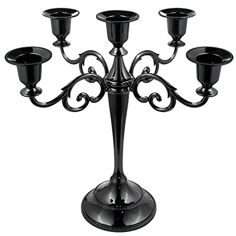 FANWNKI 5-Candle Metal Candelabra 10.2 Inch Tall Candlestick Candle Holders for Home Decor Wedding Christmas Church Halloween Party, Black