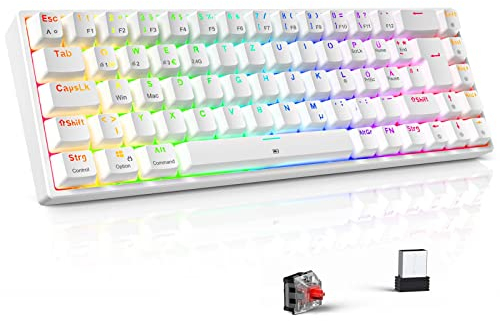 TECURS TKL - Teclado de juego mecánico de Alemania recargable + multidispositivo + iluminación RGB ajustable antifantasma 68 teclas Bluetooth/2.4G/Tipo-C Conmutador QWERTZ rojo para Windows/Mac blanco