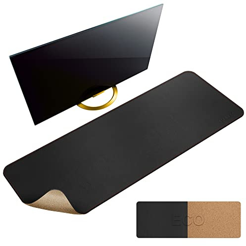 MAIDERN Skrivbordsunderlägg 120 x 40 cm, kork och PU-läder dubbelsidig bordsunderlägg, extra stor musmatta, vattentätt skrivbordsunderlägg läder på skrivbord, kontor och hem bordsunderlägg (svart)