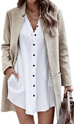 Angashion Women’s Coat, Long Sleeve Stand Collar Cardigan Mid-Long Open Front Outwear Overcoat with Zipper Pockets Beige Small