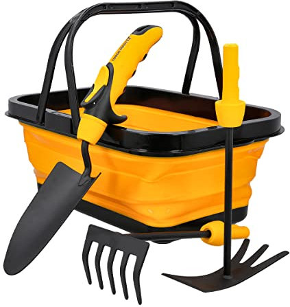 TOUGH MASTER Herramientas de jardinería de acero al carbono resistente al óxido, kit de regalo para mujeres y hombres, cesta plegable resistente, doble azada, rastrillo de mano de 5 dientes