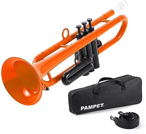 PAMPET Juego de trompeta profesional de plástico para estudiantes principiantes con boquilla 7C y boquilla 3C, instrumento de trompeta Bb naranja