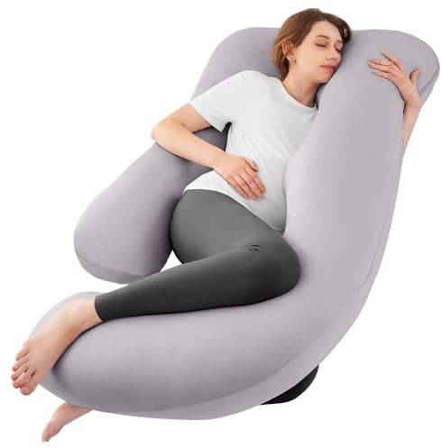 Sasttie Cooling Pregnancy Pillows for Sleeping, U Shaped Full Body Pillow with Removable Cover, Pregnant Women Must Haves, Maternity Essential, Light Grey