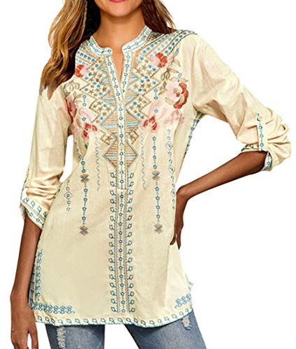 FAWHEWX Mujer Bordado Estilo Indio Boho Algodón Tops Camisas de Manga Larga Casual Suelto Túnica Camisas Verano Mujer Boho Tradicional Étnico Túnica Camisas(Beige/XXL)