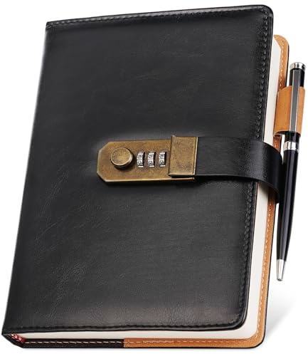 Nicpro Diary with Lock, A5 PU Leather Journal with Lock, Metal Pen, 260 Pages Password Notebook for Men and Women, Vintage Lock Daily Journal for Travel, Note Take, Plans, Organize (10 x 7 in)