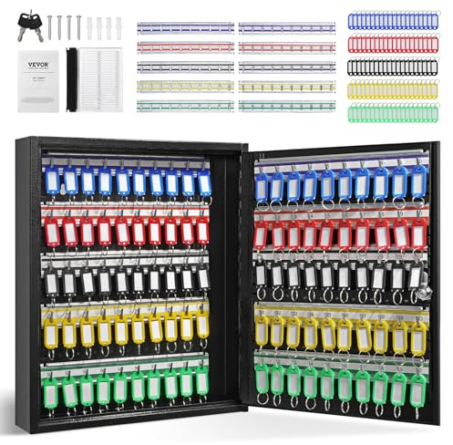 VEVOR Armadietto Portachiavi 100 Ganci Cassetta di Sicurezza Portachiavi in A​cciaio da Parete 38x8,4x45 cm, Armadietto Portachiavi con Serratura con 100 Etichette per Garage Officina Hotel Albergo