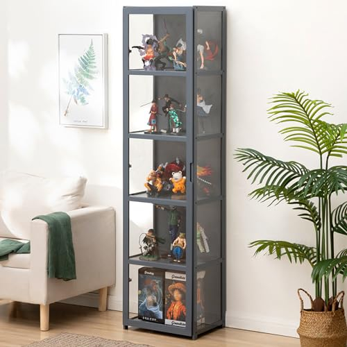 JFOZDM Vitrinenschrank, multifunktionale staubdichte Glasvitrine, Glasvitrine Stehend, Flügeltürdesign, versiegelt und staubdicht, Vitrine für Büros, Schlafzimmer, Wohnzimmer 16.5in/42cm/5F Grau