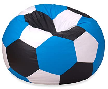 EGATO Sitzkissen Fußball 70cm Durchmesser Entspannender Sitzpouffe in Ballform mit EPS-Perlenfüllung (Blau-Schwarz)-Weiß