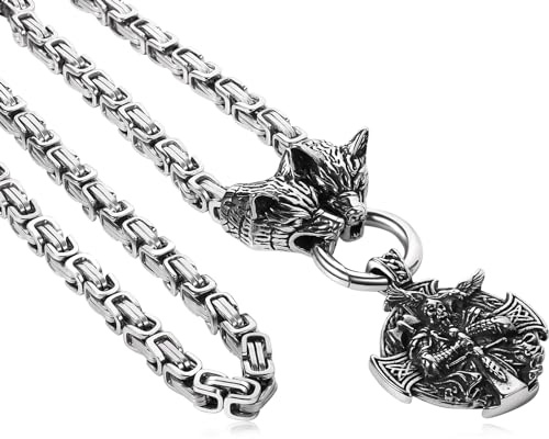 Aroncent Wolf Head Viking Necklace: Stainless Steel Double Head King Chain - Odin Warrior Badge Viking Norse Amulet Jewelry for Men