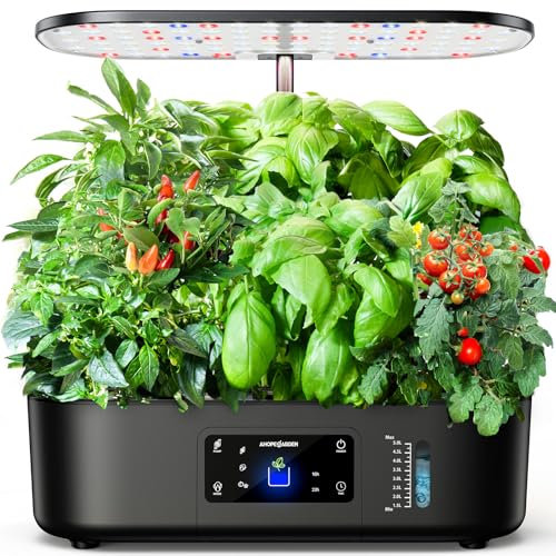 Ahopegarden Hydroponics Growing System Kit Indoor Herb Garden with Grow Light 12 Pods, with LCD Touch Panel Hydroponic Planter, Planting Height Up to 17, Grower Harvest Fresh Veggie Lettuce, Black