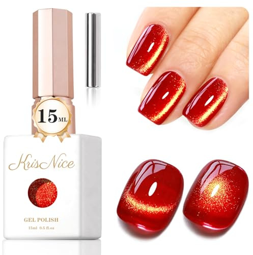 KRISNICE 0.5 OZ Cat Eye Gel Polish with Magnet 15ML Holographic Glitter Shimmer Translucent Jelly Color Magnetic Nail Polish Salon DIY at Home (Gold Red-MY005)