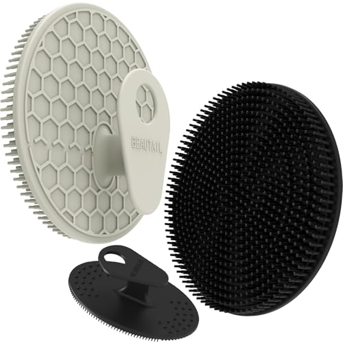 Silicone Body and Face Scrubber Set 3 Pack, BEAUTAIL Shower Bath Scrubber, Gentle Exfoliating Brush for Women Men Sensitive Skin, More Hygienic Than Traditional Loofah, Long Lasting, Black+Gray