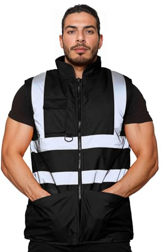 Dolce Fashions® High Visibility Bodywarmer Fleece Lined Reversible Gilet Jacket Adults Hi Vis Waterproof Workwear Security Safety Wear Warm Sleeveless Waistcoat Body Warmer Vest Top (Black, 3XL)