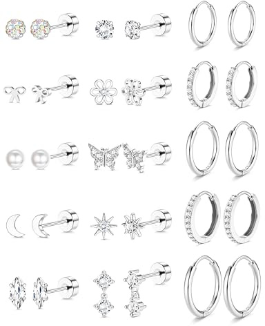 Adramata 15 Pairs Boucles d'Oreilles Femme Piercing Oreille Acier Inoxydable Boucle Oreille Or Argent Creoles Perle Papillon Boucle d'Oreille Piercing Helix Tragus Hypoallergénique Bijoux Femme Filles