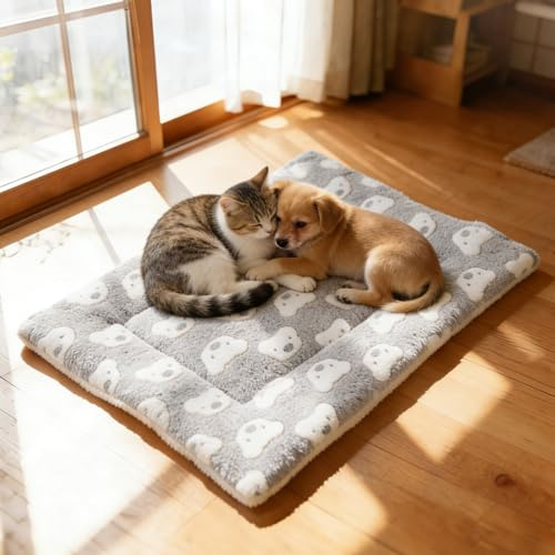 THALWEN Soft Fleece Pet Sleeping Mat - Double-Sided Use, Skin-Friendly Flannel, Heat Preservation, Non-Shedding & Fade-Resistant, for Cats/Dogs, Gray with White Bear Pattern, 67x48cm