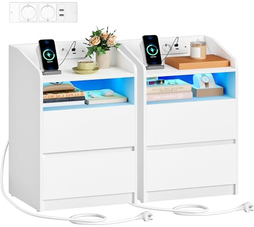 Hzuaneri Mesita de Noche Juego de 2, con Luces LED y Estación de Carga (2 Tomas AC, 2 Puertos USB), 1 Compartimento Abierto y 2 Cajones, para Dormitorio, Salón, 35 x 40 x 58 cm, Blanco NS60103XEU