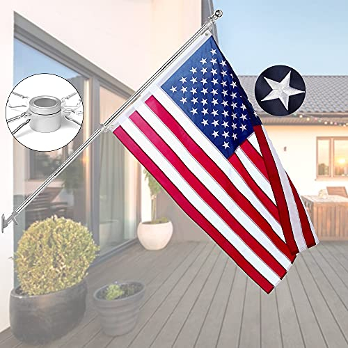 Quarut House Flag Pole Kit,Including 6Ft Stainless Steel Flag Pole,Heavy Duty Nylon 3x5 Ft American Flag,Aluminum Alloy Rings and Bracket.Wall Mounted Flagpole Set for Residential Commercial（Silvery）