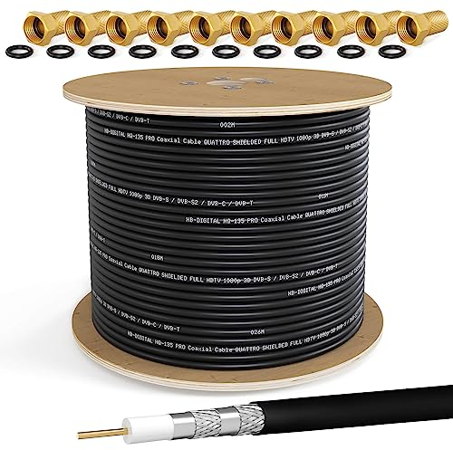HB-DIGITAL 500m SAT Koaxial Kabel 135dB 8K 4K UHD 4-Fach geschirmt für DVB-S / S2 DVB-C / C2 DVB-T / T2 DAB+ Radio + inkl. 10x vergoldete F-Stecker BK Anlagen - Stahl/Kupfer Innenleiter - Schwarz