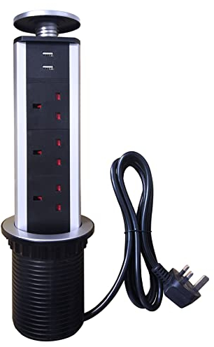 Umelee Pop Up Socket, Pull Pop Up Electrical Plug Socket with 3 UK Sockets & 2 USB Charger Ports for Home Office Kitchen Worktops Desktop, Aluminum Alloy Shell, 1.8 m Extension Cord