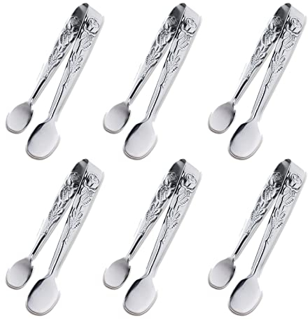6PCS Mini Serving Tongs, 4Inch Rose Stainless Steel Sugar Cube Tongs, Sliver Small Ice Tong for Tea and Coffee Party, Appetizers, Desserts by Sunenlyst (6PCS Silver)