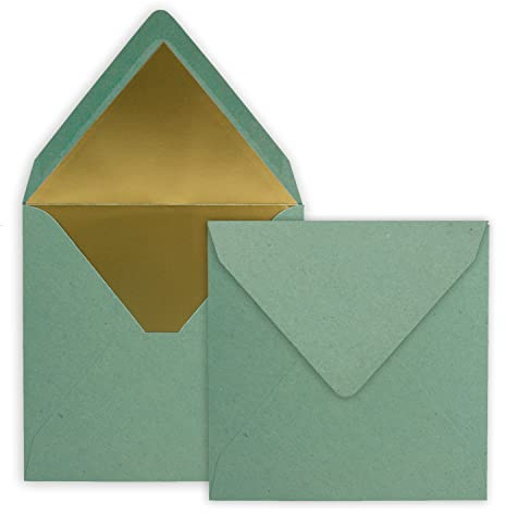 Färgglad Froh by GUSTAV NEUSER 50 fyrkantiga brevkuvert – 15,5 x 15,5 cm, kraftpapper återvinning eukalyptus – fodrad med guldpapper – våtlimning – vintage-look