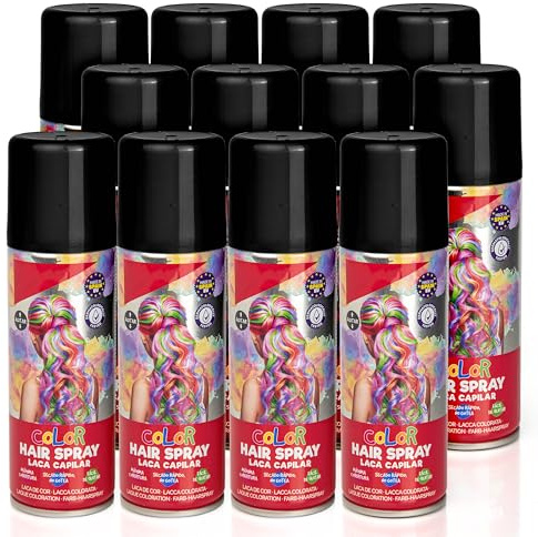 Pack 12 Laca de Pelo Color Negro 125ml - Spray Colores para Cabello Rápida coloración, Lavable